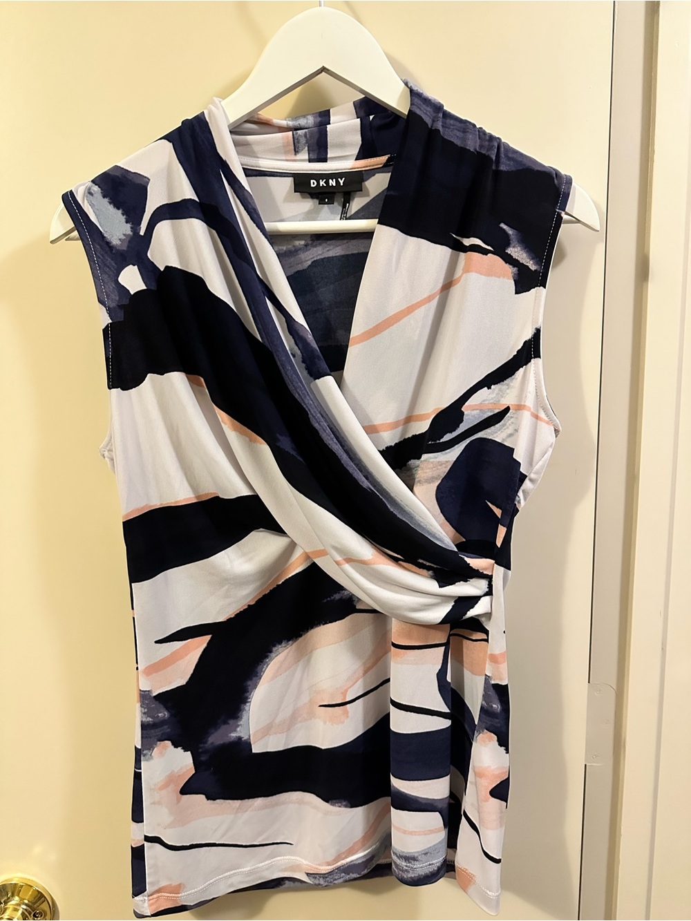 DKNY Navy, White & Peach Abstract Wrap-Style Sleeveless Dress